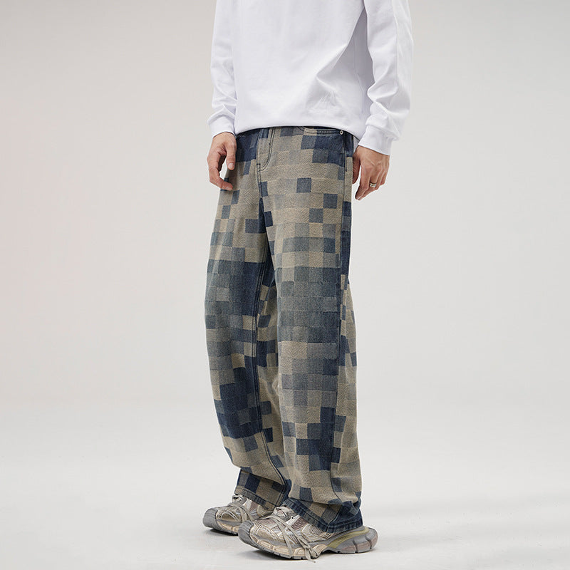 Mosaic Chess Plaid Jeans Men's Fashion Brand Straight-leg Wide-leg Pants