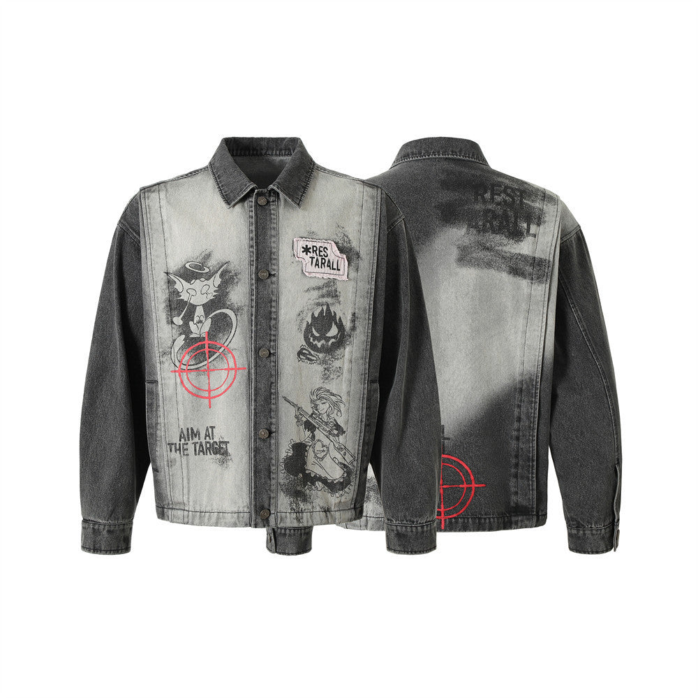 Dark Fun Abstract Demon Printed Jacket Coat Men's Punk Heavy Industry Gradient Denim Clothing