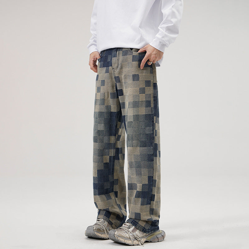 Mosaic Chess Plaid Jeans Men's Fashion Brand Straight-leg Wide-leg Pants