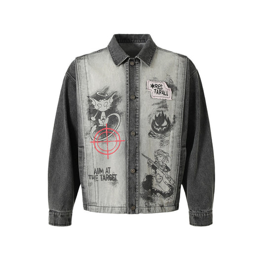 Dark Fun Abstract Demon Printed Jacket Coat Men's Punk Heavy Industry Gradient Denim Clothing