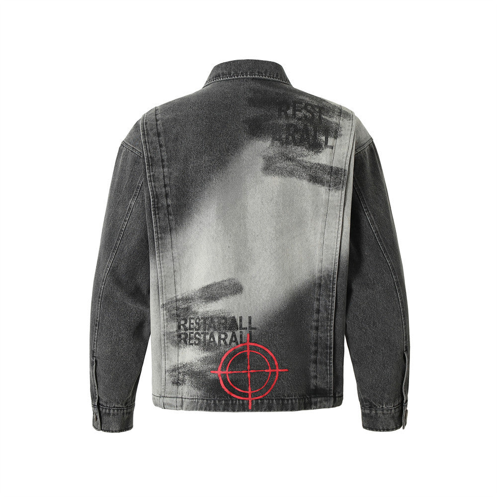 Dark Fun Abstract Demon Printed Jacket Coat Men's Punk Heavy Industry Gradient Denim Clothing