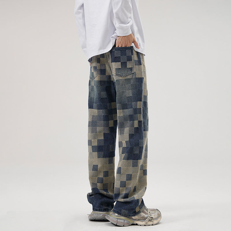 Mosaic Chess Plaid Jeans Men's Fashion Brand Straight-leg Wide-leg Pants