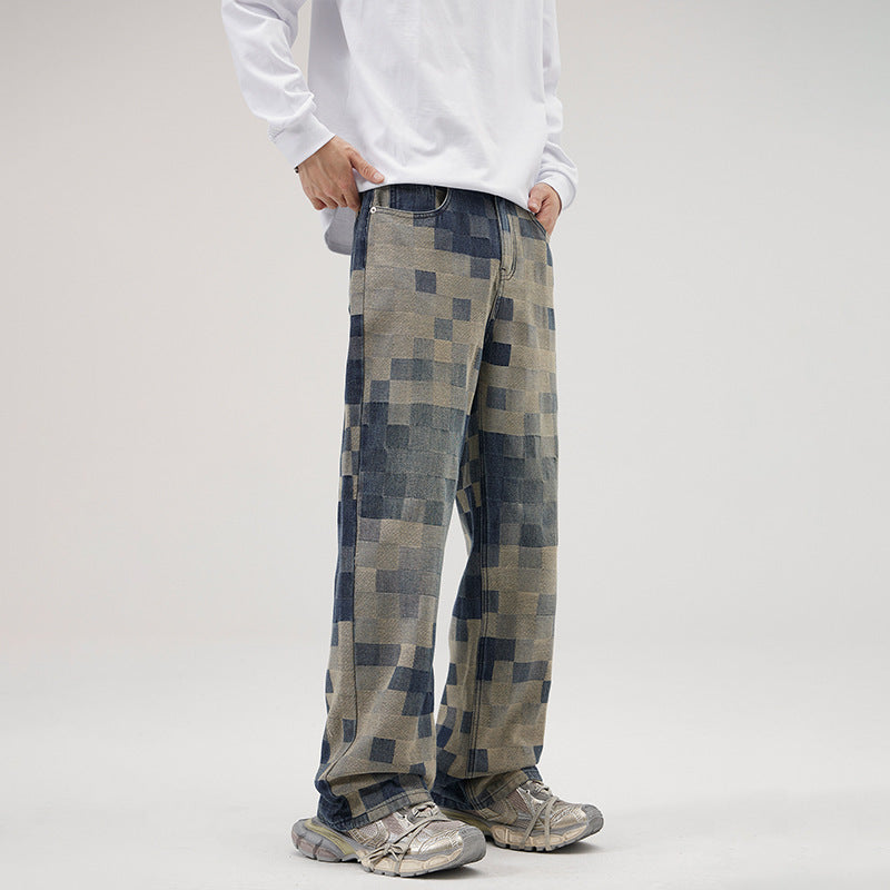 Mosaic Chess Plaid Jeans Men's Fashion Brand Straight-leg Wide-leg Pants